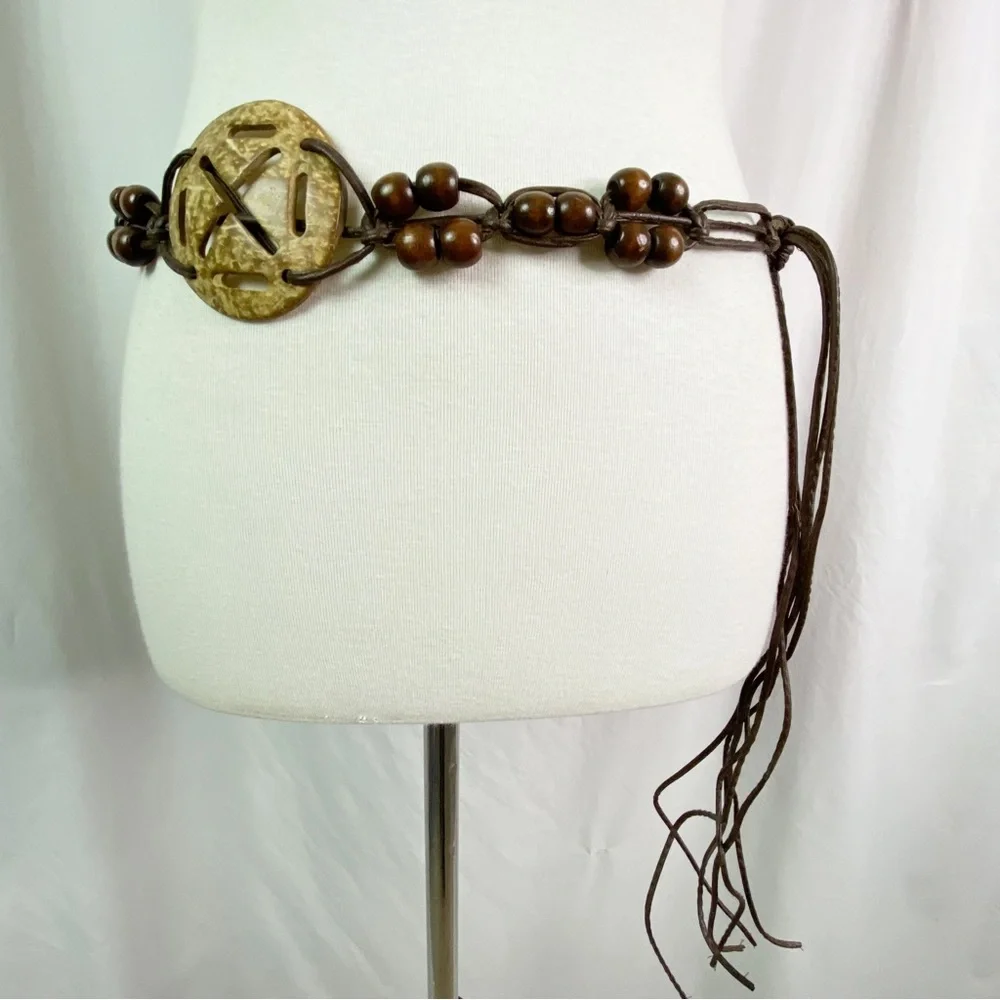 Vintage Boho Hippie Coconut Shell Faux Leather Macrame Belt